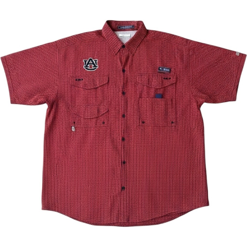 Columbia PFG Super Bonehead Auburn Tigers Fishing Shirt Mens Large Red Gingham